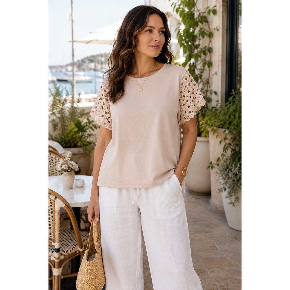 Joie Cropped Crochet Sleeve Top Medium Beige Coastal Grandma Boho Cotton Tee